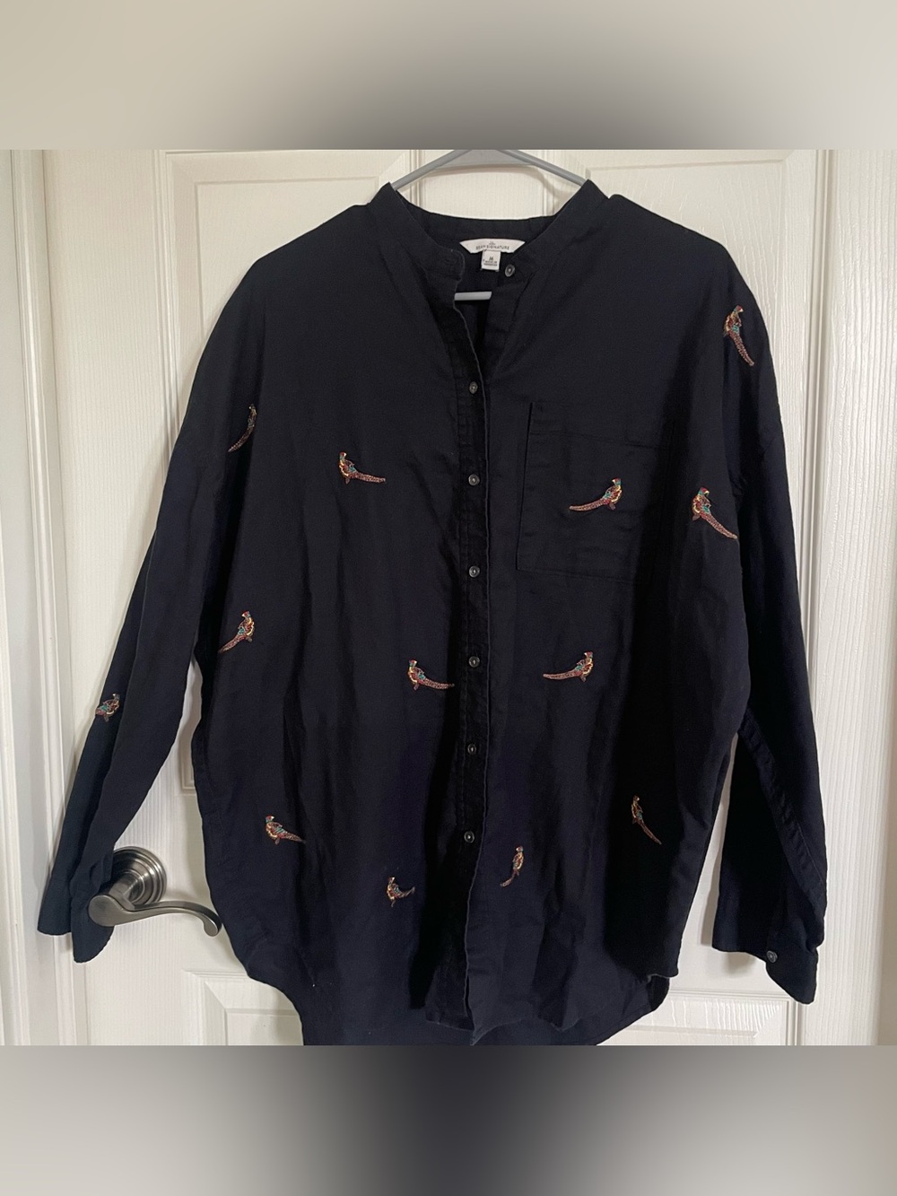 L.L. Bean 100% Cotton Black Button Down Shirt with Quail Bird Print size M